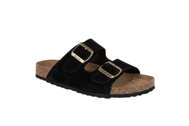 Chinelo Anatómico em Pele Camurça Sacchi Sandália preta de tiras em camurça com fivelas douradas