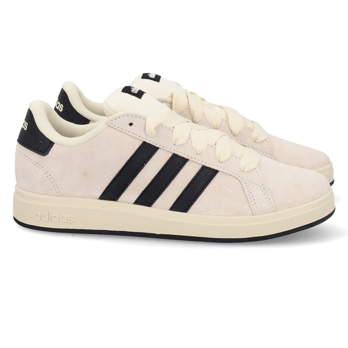 Sapatilhas Adidas Grand Court 00s Ténis Adidas camurça bege com riscas pretas e sola creme