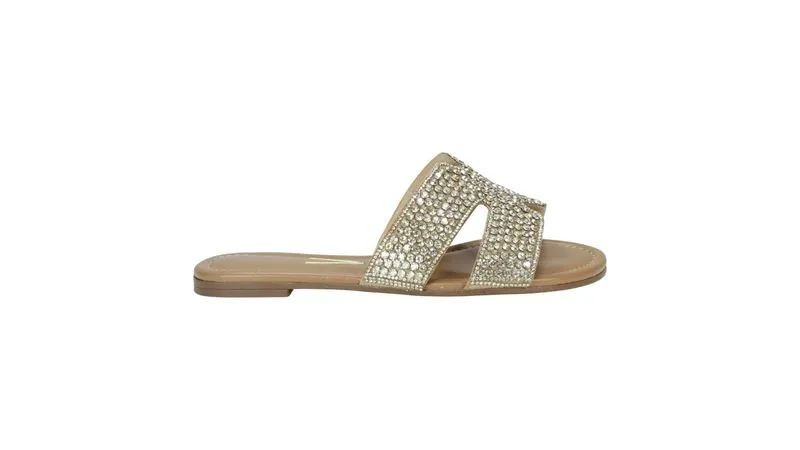 Chinelo Vizzano com Aplicações de strass Sandália slide beige com strass brilhantes