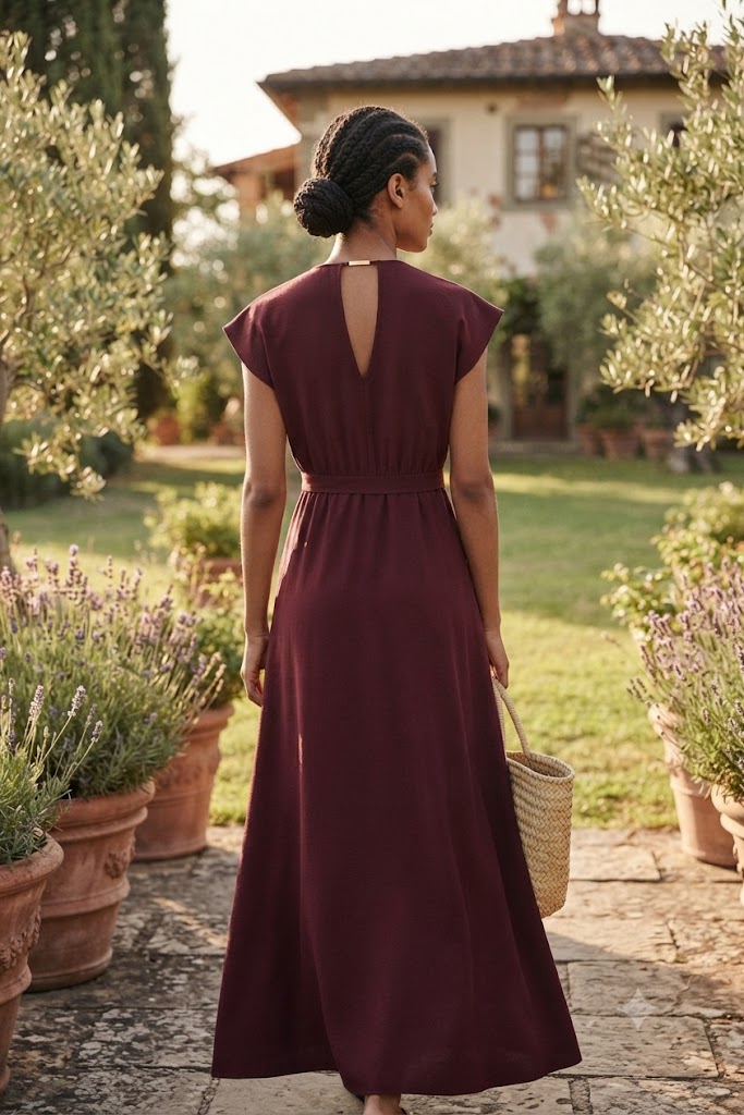 Vestido comprido com cinto Ferrache Vestido longo vinho com cinto e decote em gota nas costas num jardim