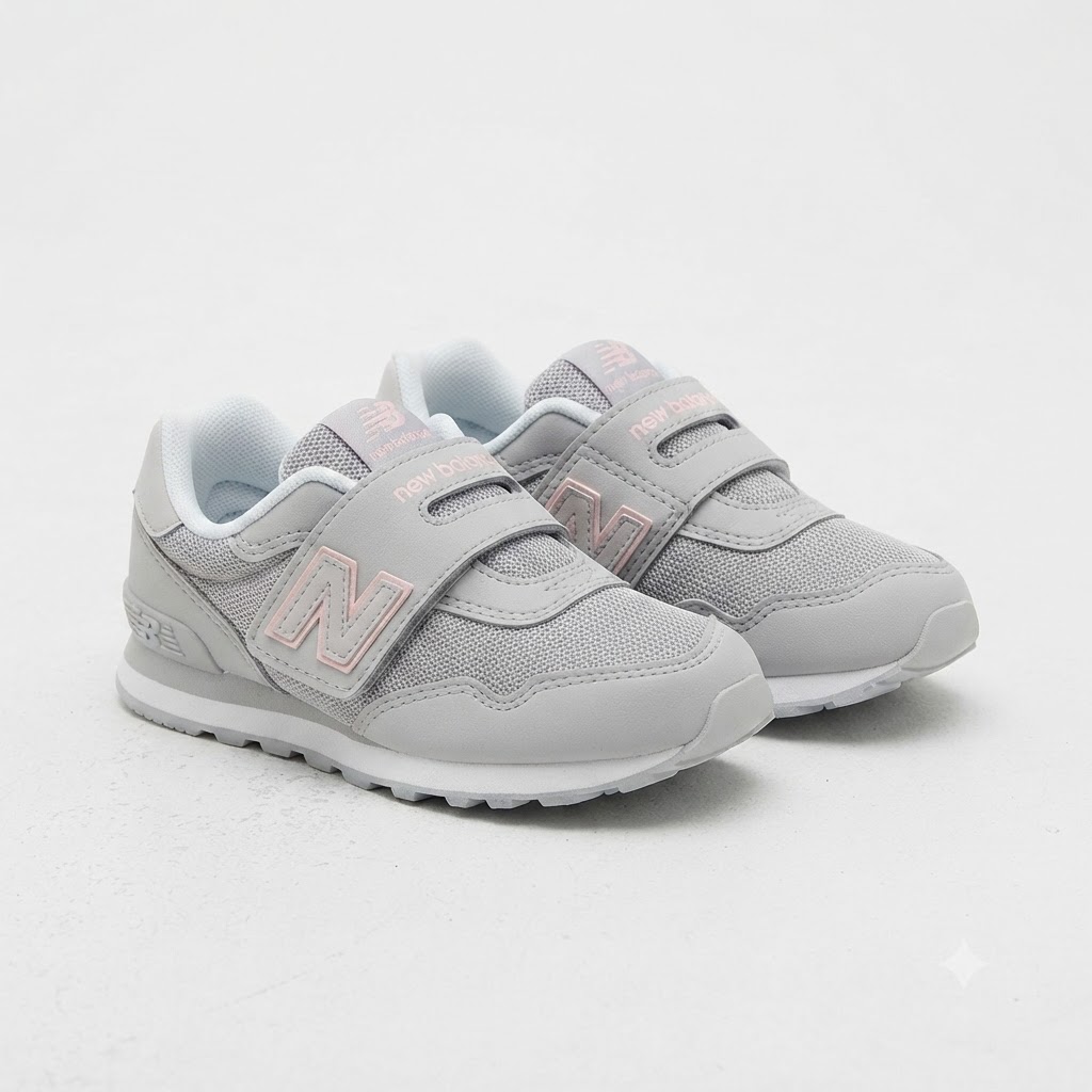 Sapatilhas New Balance PV515 PNK Sapatilhas infantis New Balance cinzentas com detalhes rosa e sola branca