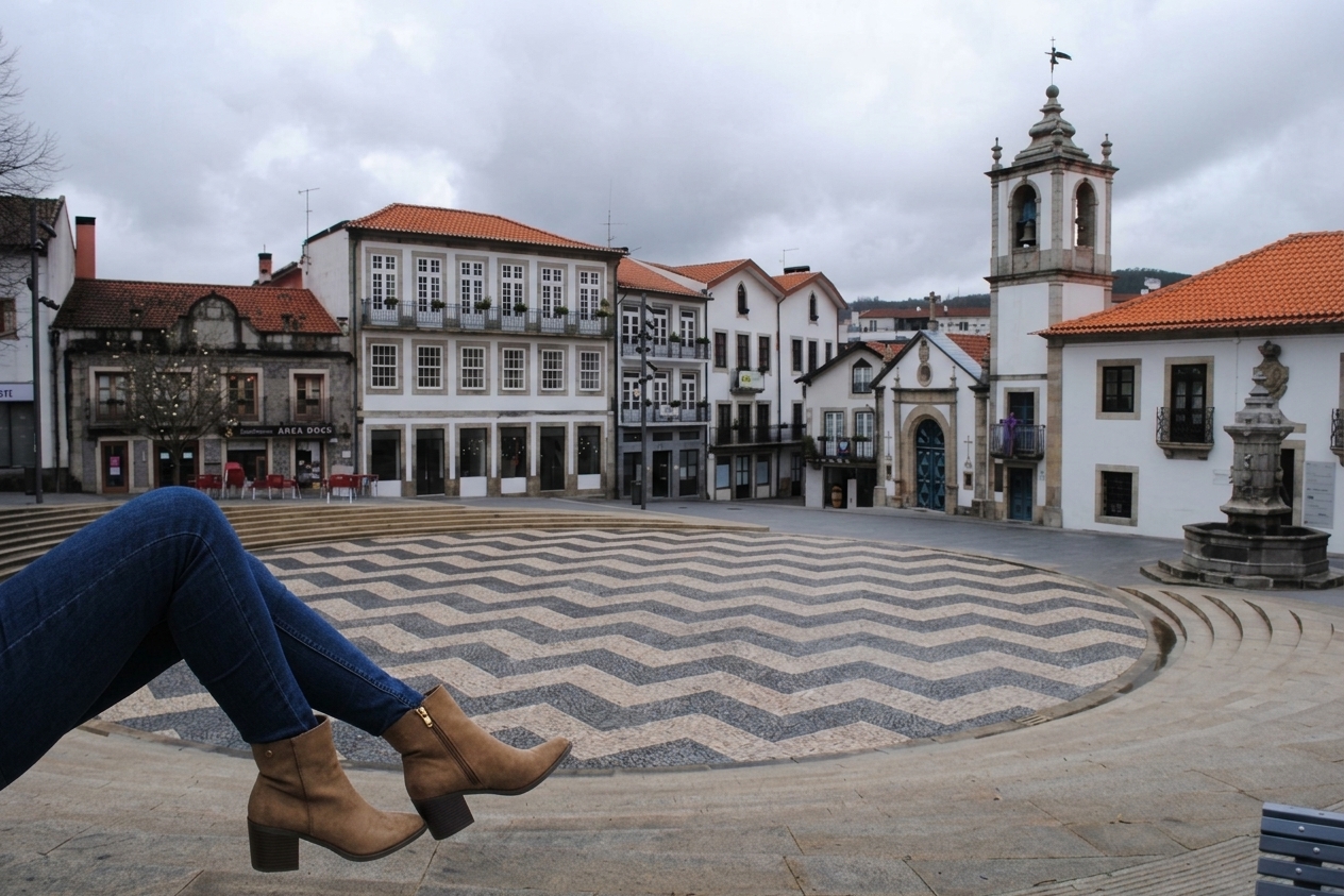 BOTIM XTI DE SENHORA EM TAUPE Botas castanhas de camurça com salto médio usadas com jeans azuis na calçada de uma praça urbana tradicional.