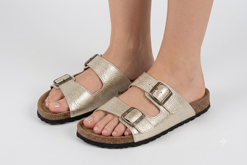 Chinelo Anatómico em Pele Sacchi Sandálias femininas com duas tiras metálicas prateadas e sola de cortiça.