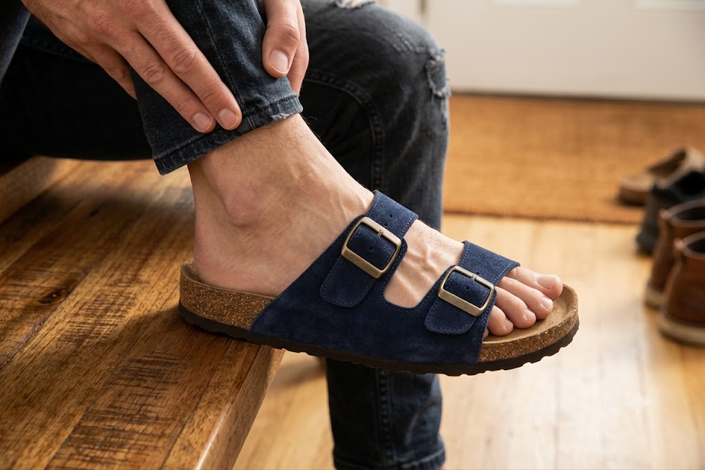 Chinelo Anatómico em Pele Camurça Sacchi Sandália azul de camurça com fivelas e sola de cortiça em pé de pessoa sentada