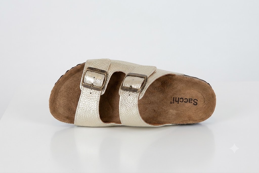 Chinelo Anatómico em Pele Sacchi Sandália prateada com duas tiras e palmilha castanha com logótipo Sacchi