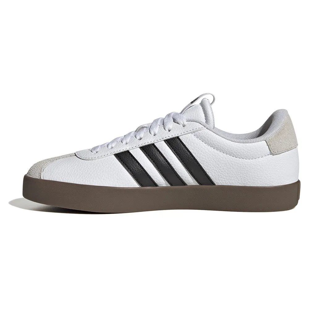 Sapatilhas Adidas VL Court 3.0 Brancas e Pretas Ténis branco com riscas pretas e sola castanha