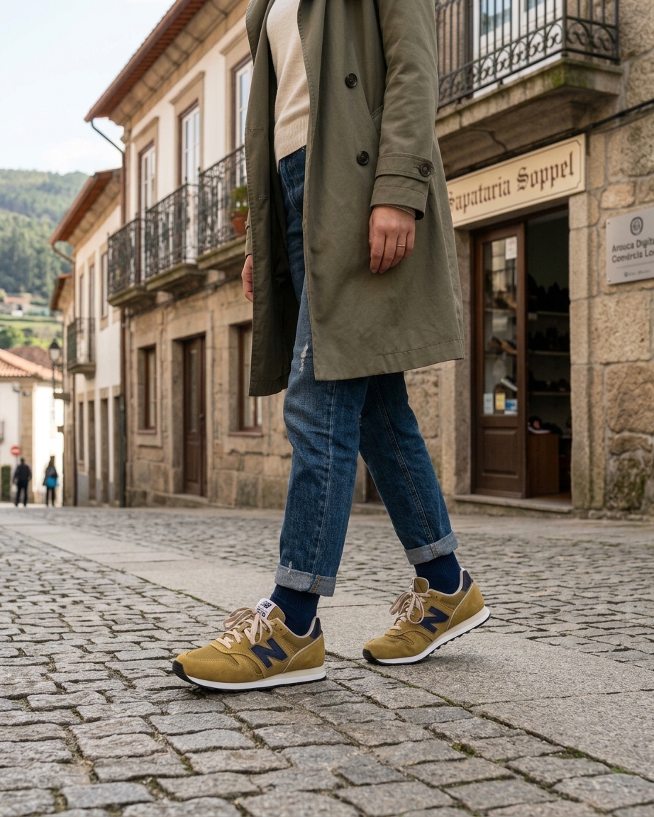 NEW BALANCE SAPATILHA DE HOMEM ML373 4VJ Ténis amarelos com detalhes azuis em rua de calçada de pedra