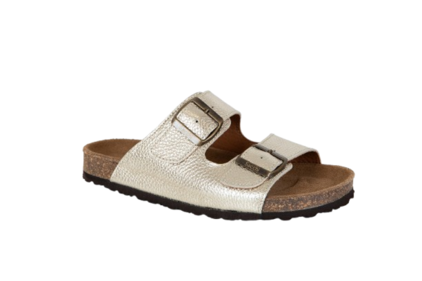 Chinelo Anatómico em Pele Sacchi Sandália aberta prateada com duas tiras e sola de cortiça