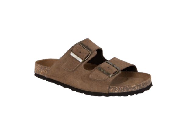 Chinelo Anatómico em Pele Camurça Sacchi Sandália castanha tipo birkenstock com fivelas metálicas e sola preta