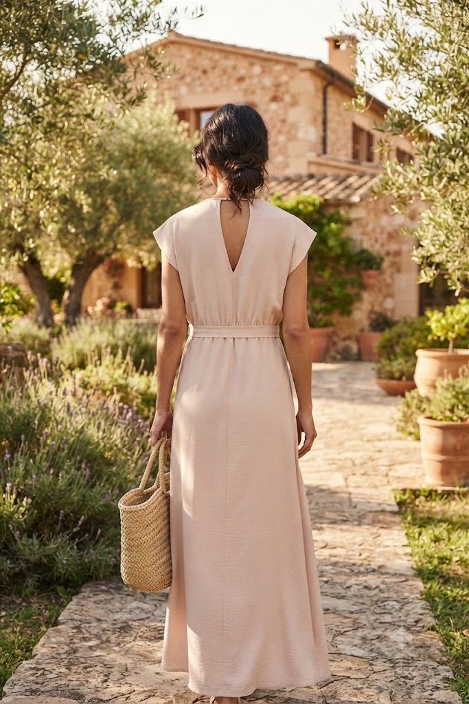 Vestido comprido com cinto Ferrache Vestido comprido bege claro com mala de palha, vista traseira ao ar livre