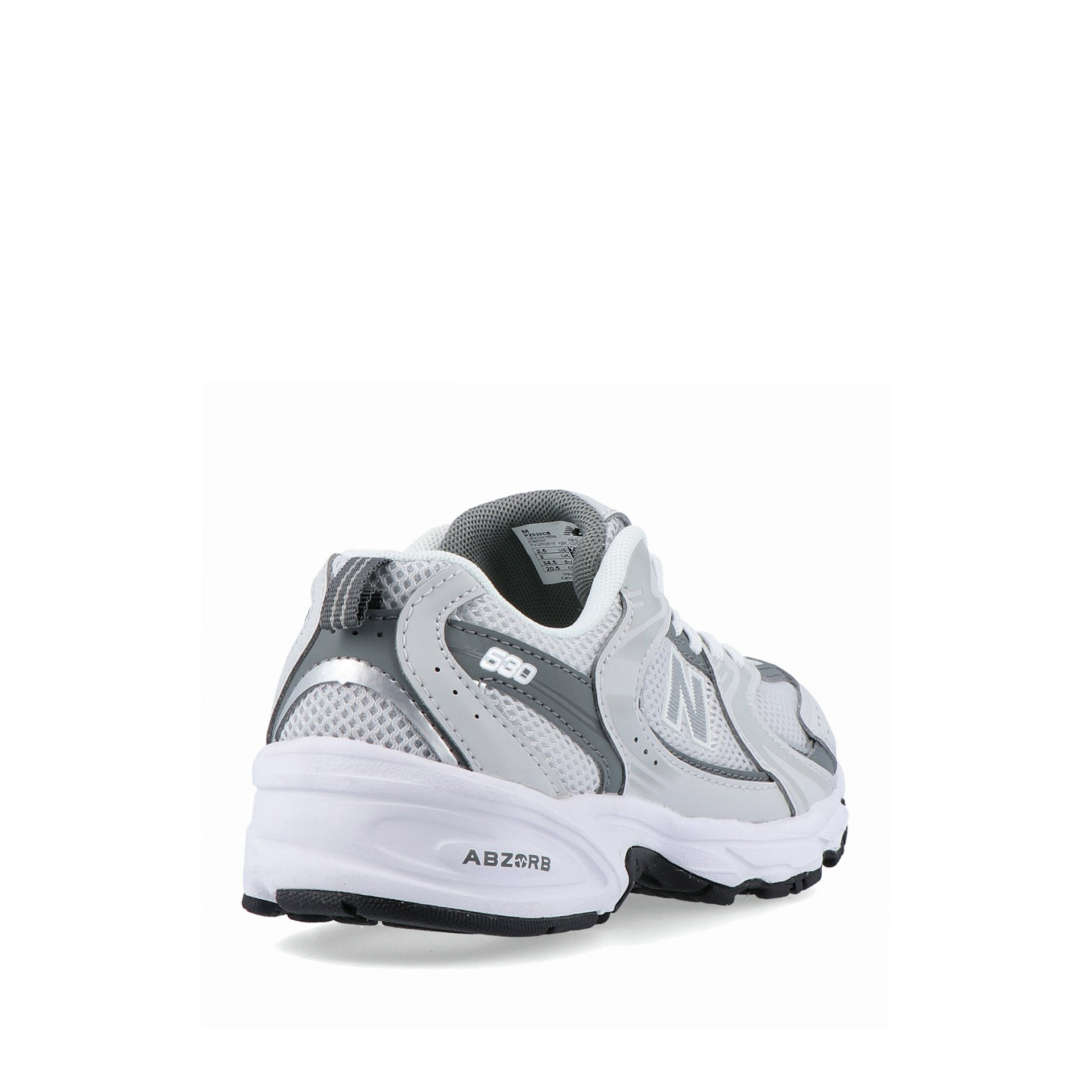 Sapatilha New Balance 530 Ténis desportivos cinzentos e brancos com detalhes em vermelho e texto 538