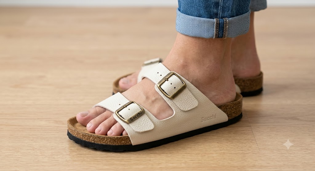 Chinelo Anatómico em Pele Sacchi Sandálias brancas tipo birkenstock com fivelas metálicas e sola de cortiça e borracha