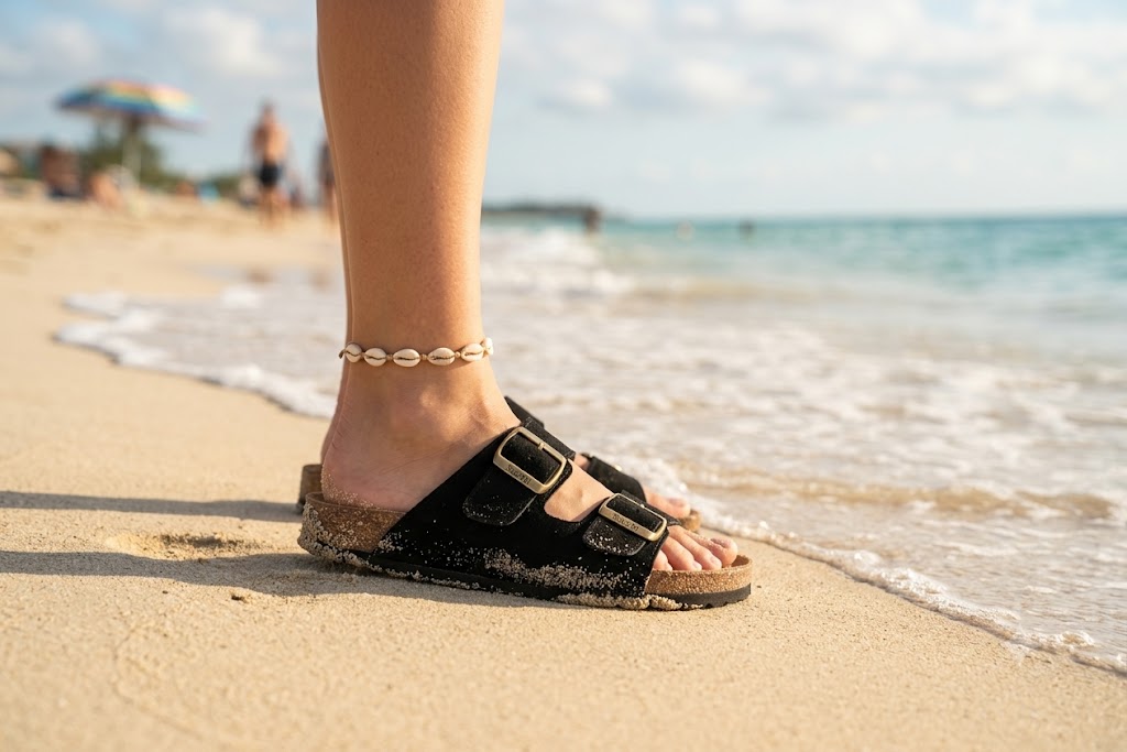 Chinelo Anatómico em Pele Camurça Sacchi Sandálias pretas femininas com fivelas e tornozeleira de búzios na praia
