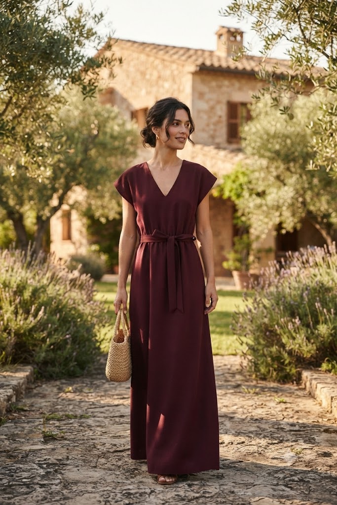 Vestido comprido com cinto Ferrache Vestido longo vinho com cinto, usado por mulher num caminho de pedra com árvores e plantações ao redor