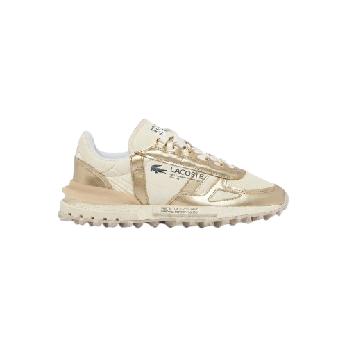 Sapatilha Lacoste Elite Active Ténis Lacoste bege e dourado com sola texturada e logo na lateral