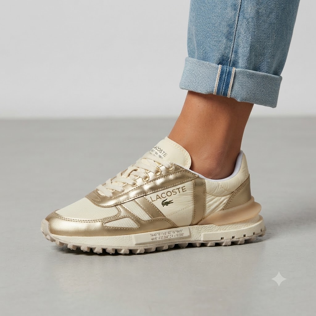 Sapatilha Lacoste Elite Active Ténis Lacoste bege e dourado com sola texturada usados com calças de ganga