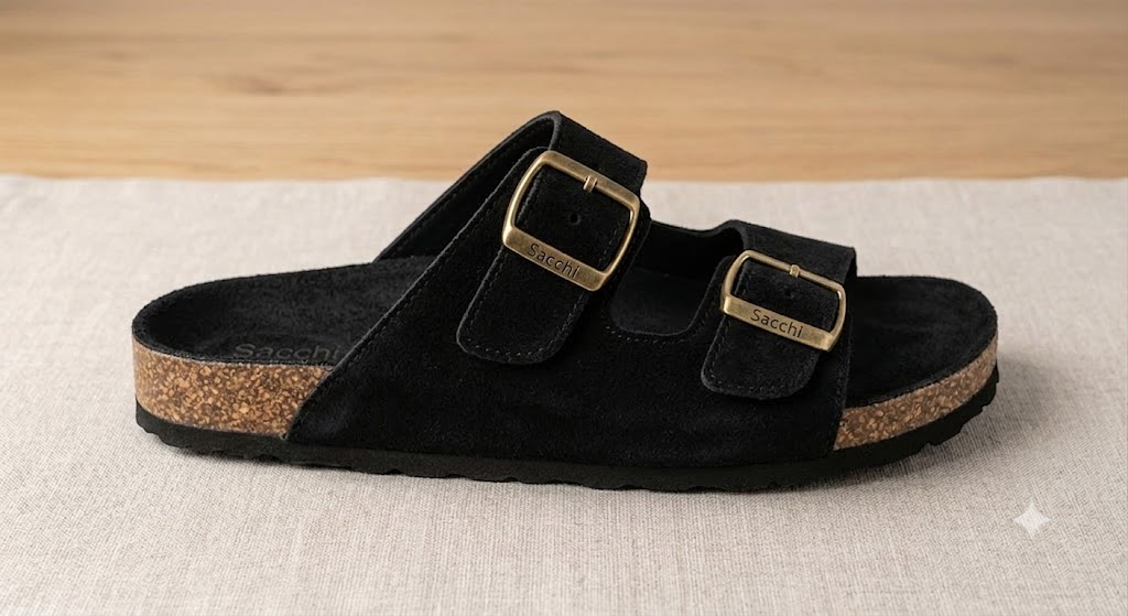 Chinelo Anatómico em Pele Camurça Sacchi Sandália preta com sola de cortiça e fivelas douradas