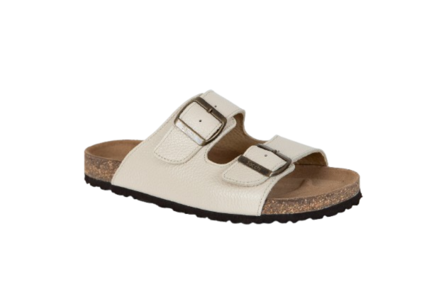 Chinelo Anatómico em Pele Sacchi Sandália branca com duas tiras e fivelas metálicas sobre fundo branco