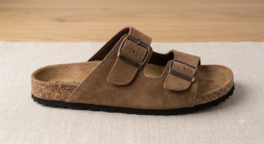 Chinelo Anatómico em Pele Camurça Sacchi Sandália castanha tipo birkenstock com duas tiras de camurça e fivelas metálicas Sacchi