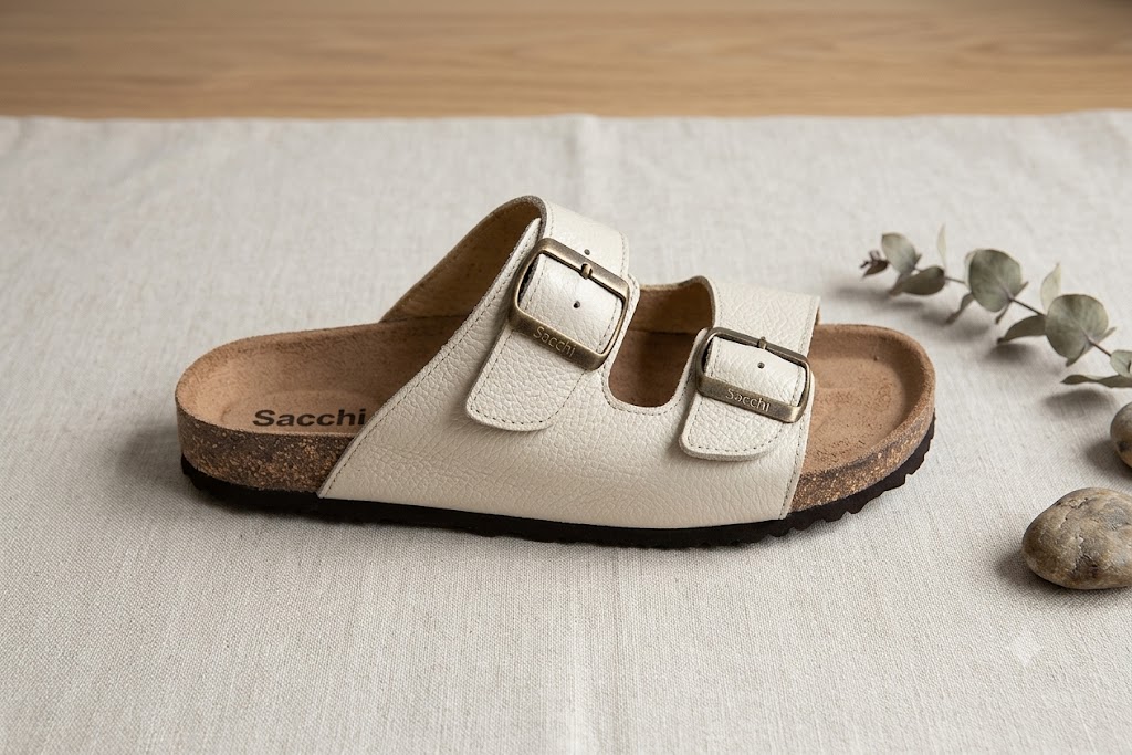 Chinelo Anatómico em Pele Sacchi Sandália branca com duas fivelas e sola preta sobre tecido bege claro com folhas secas e pedras.