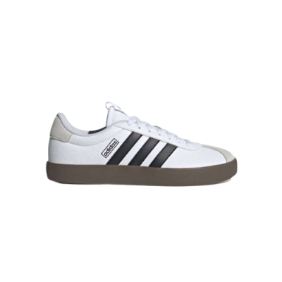 Ténis desportivo Adidas branco com riscas pretas e sola castanha