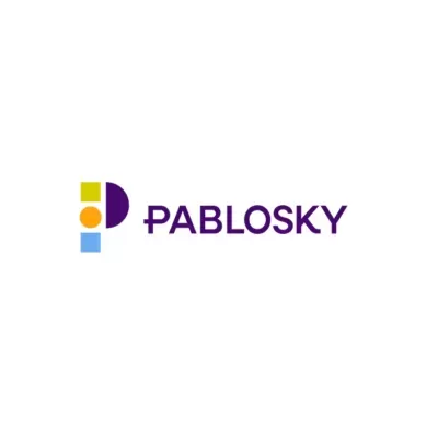 Logotipo da marca Pablosky com letra P colorida e nome em roxo