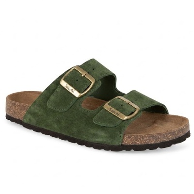 Sandália birkenstock verde em camurça com fivelas douradas e sola de cortiça