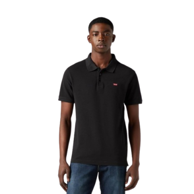 Polo preto de algodão com gola e três botões com logótipo vermelho pequeno no peito