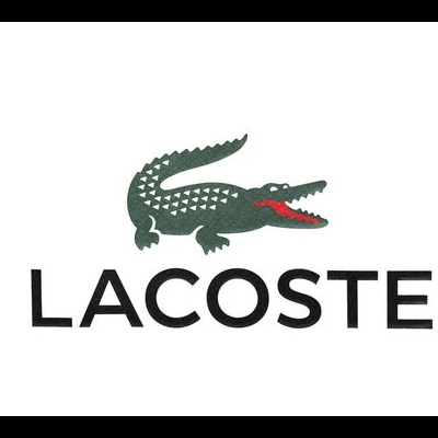 Logótipo Lacoste com crocodilo verde e texto preto num fundo branco