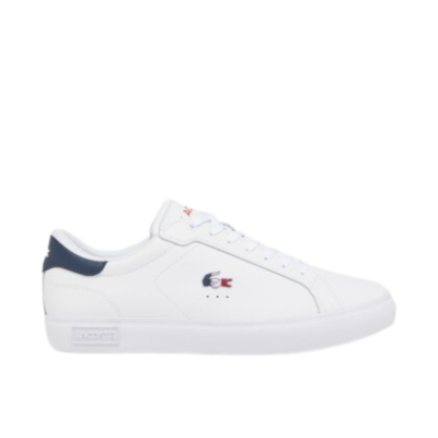 ténis branco Lacoste com detalhes azul-escuro e logótipo de crocodilo