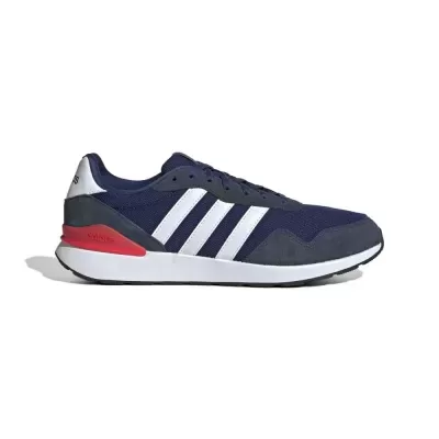 Ténis desportivos Adidas azul escuro e cinzento com riscas brancas e detalhes vermelhos