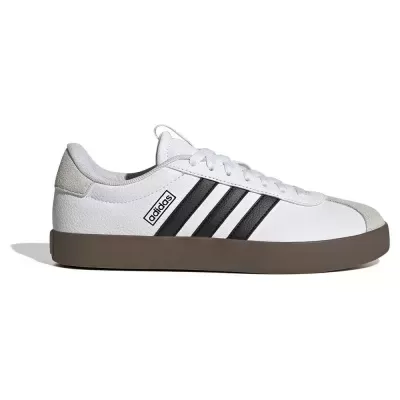 Sapatilha branca adidas com riscas pretas e sola castanha