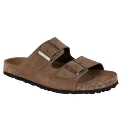 Sandália castanha tipo birkenstock com fivelas metálicas e sola preta