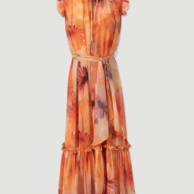 Vestido longo floral laranja com babados e cinto