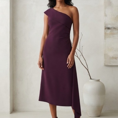 Vestido feminino midi vinho com um ombro só e sandálias no mesmo tom, em ambiente minimalista