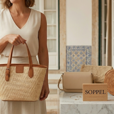 Mulher com mala de palha e malas diferentes sobre mesa de mármore e cartão SOPPEL