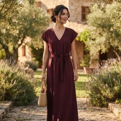 Vestido longo vinho com cinto, usado por mulher num caminho de pedra com árvores e plantações ao redor