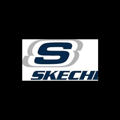Logótipo azul escuro e cinza da marca SKECHERS sobre fundo branco