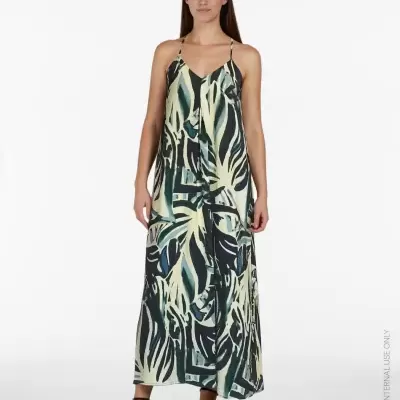 Vestido longo com padrão abstrato verde, azul e bege