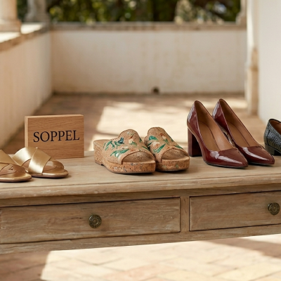 Quatro pares de sapatos variados sobre mesa de madeira com placa SOPPEL