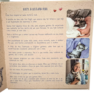 Página com texto em português e fotos de um gatinho e uma pessoa a segurá-lo.