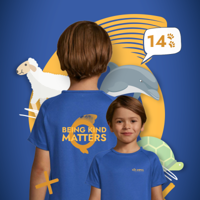 Camisola azul de criança com texto e ilustrações de animais