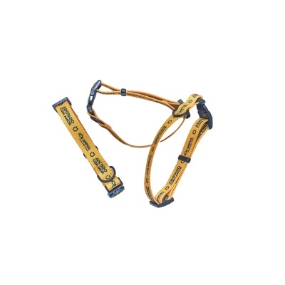 Arnês ou trela ajustável para cães amarela com fivelas pretas e texto impresso