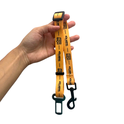 Trela laranja para cães com texto preto segurada numa mão