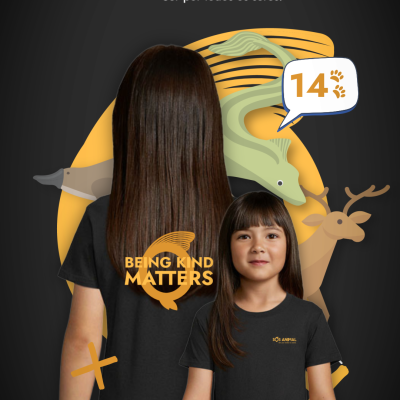 Crianças com t-shirts pretas SOS ANIMAL com texto amarelo e fundo com ilustrações de animais.