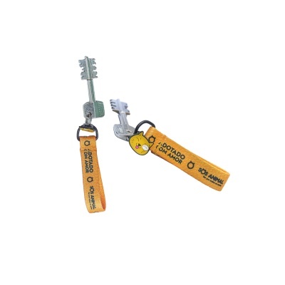 Chave metálica cinza com etiqueta amarela e texto em preto