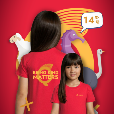 Criança com t-shirt vermelha e texto SOS ANIMAL em fundo vermelho com ilustrações de animais.