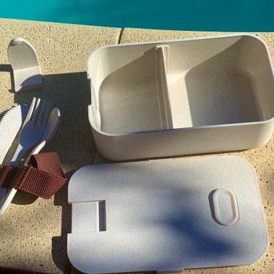 Lancheira branca com divisória interior e conjunto de talheres de plástico com fita elástica castanha