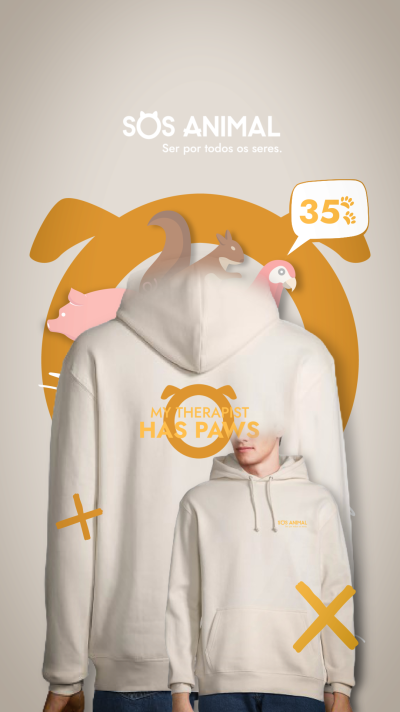 Hoodie creme com texto laranja e ilustração de animais ao fundo