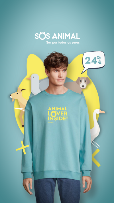 Sudadera azul com texto amarelo e ilustrações de animais ao fundo
